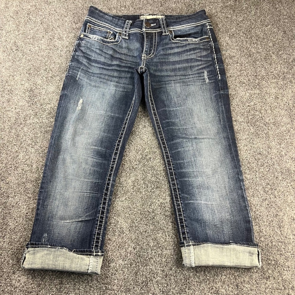 BKE Culture Womens 28 Blue Denim Capri Jeans Distressed Thick‎ Stitch Low Rise